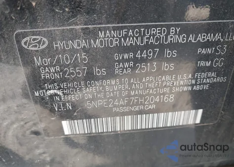 2015 Hyundai Sonata Se z USA, uszkodzony, nr VIN 5NPE24AF7FH204168